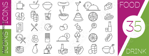 Food and drink line icons set. Vector illustration in style of the most realistic food icons.