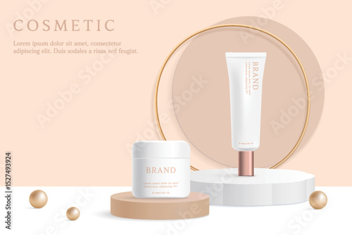 Cosmetic product ads template on beige background with golden ring.