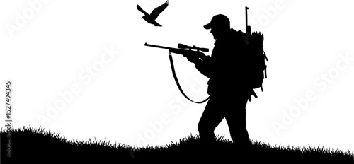 a silhouette of a man with a gun and bird flying over him, hunter alone in the wilderness