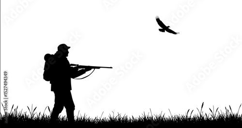 a silhouette of a man with a gun and bird flying over him, hunter alone in the wilderness