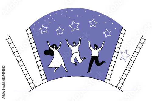 Joyful friends leaping high a vibrant design featuring a happy group of people jumping with excitement