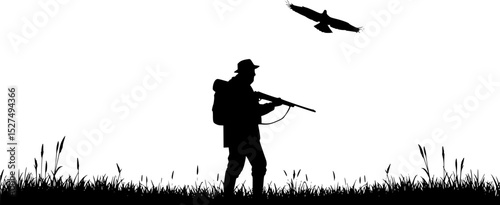 a silhouette of a man with a gun and bird flying over him, hunter alone in the wilderness