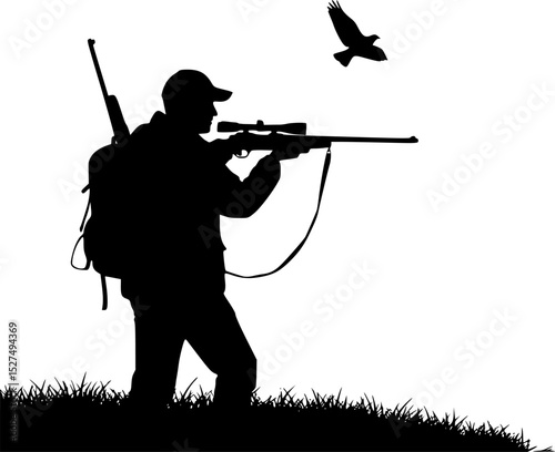 a silhouette of a man with a gun and bird flying over him, hunter alone in the wilderness