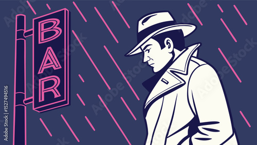 Illustration of a man in a trench coat and hat standing near a bar sign in the rain at night