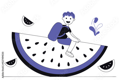 Illustration of a cheerful young boy with a blue backpack joyfully riding a green vehicle