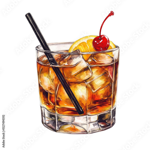 Watercolor Illustration of Whiskey Cocktail with Ice, Lemon Slice, and Cherry Isolated on White Background