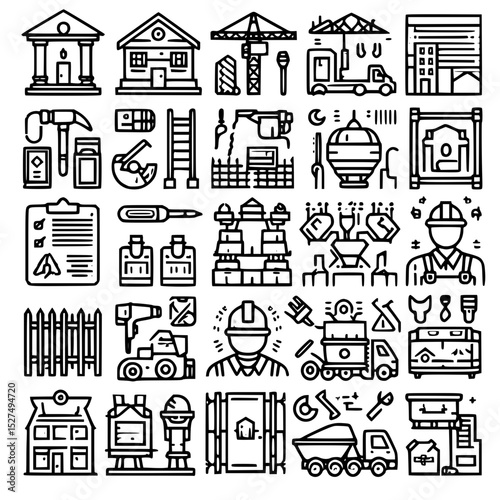 Comprehensive Construction & Architecture Line Icons Set
Building & Renovation Outline Vector Icon Pack
Engineering & Industry Black & White Pictograms
Editable Stroke Work Tools & Foreman Icons
Real 