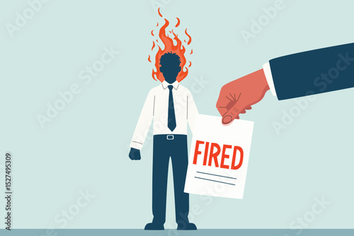 layoff unemployment concept, man - woman standing on fire, hand holding fired letter,  mix emotional of angry depression sad frustrated , cartoon vector