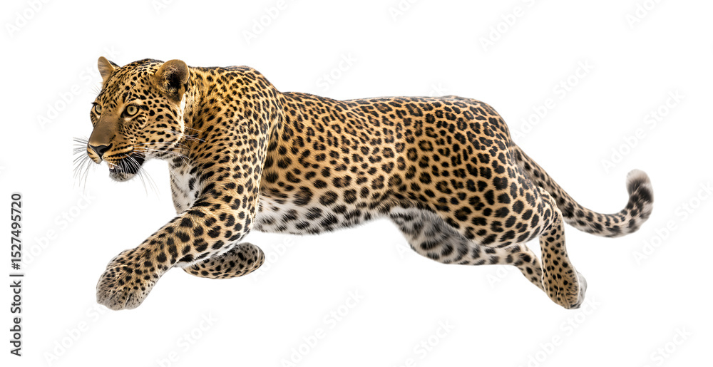Obraz premium Leaping leopard, leopard is running after prey on transparent background