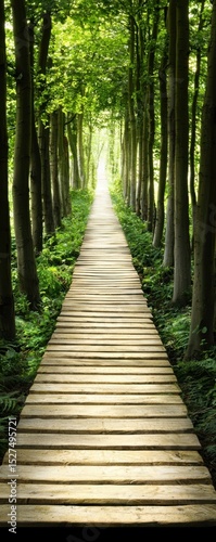 A serene wooden pathway surrounded by lush green trees, inviting exploration and a connection with nature.