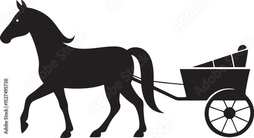 Horse pulling cart silhouette isolated on white background