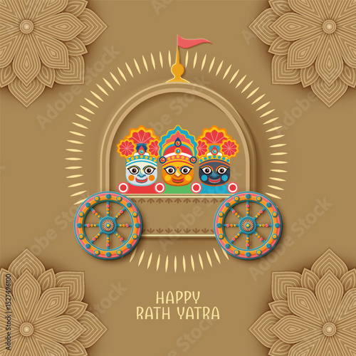 Jagannath Puri Rath Yatra. Festive paper cut style banner with Lord Jagannath, Balabhadra, Subhdra