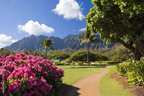 A vibrant landscape featuring colorful flowers, lush greenery, and majestic mountains under a clear blue sky.