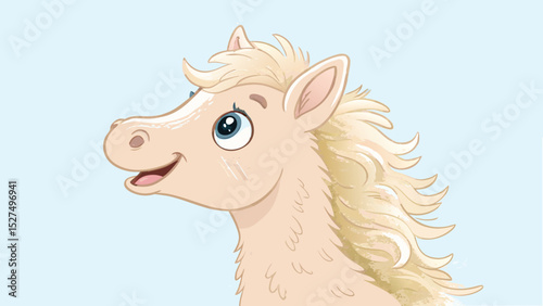 Happy baby horse (foal) cartoon head with a fluffy mane and cheerful eyes soft pastel color vector illustration on a white background.