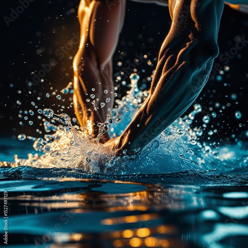 Cinematic close-up of swimmer’s arms breaking the water surface in freestyle stroke, droplets flying in all directions, dramatic lighting