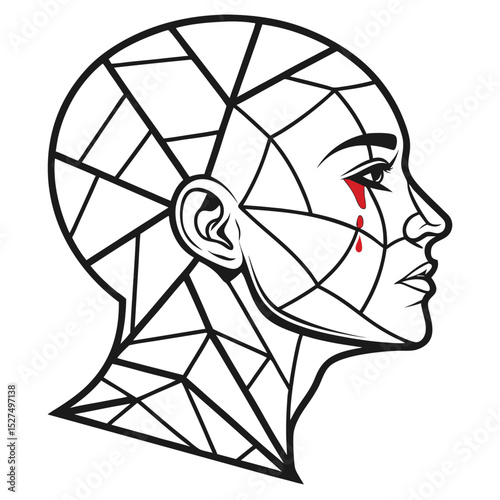 Geometric head profile with teardrops and angular design elements in black and white scheme art
