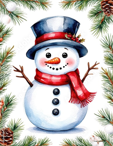 Snowman Watercolor Illustration. Christmas and New Year's Card.