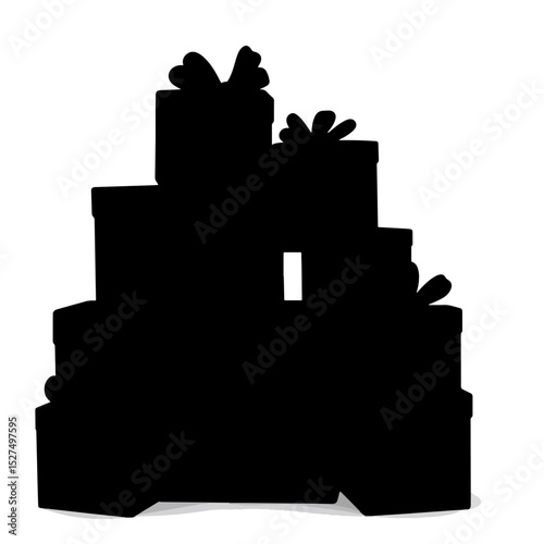 Silhouette of stacked gift boxes on white background, holiday celebration