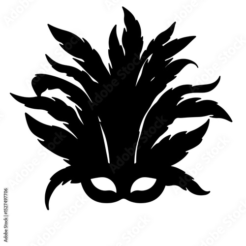 Silhouette of a carnival mask with feathers on white background, festive celebration