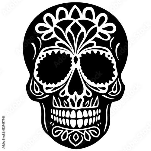 Traditional Mexican sugar skull silhouette on white background, Calacas