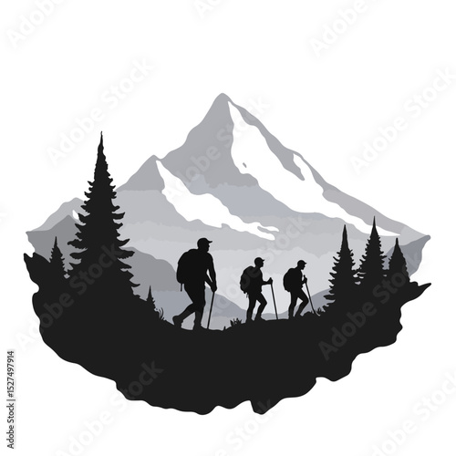 Hikers trekking through mountainous landscape silhouette, outdoor adventure