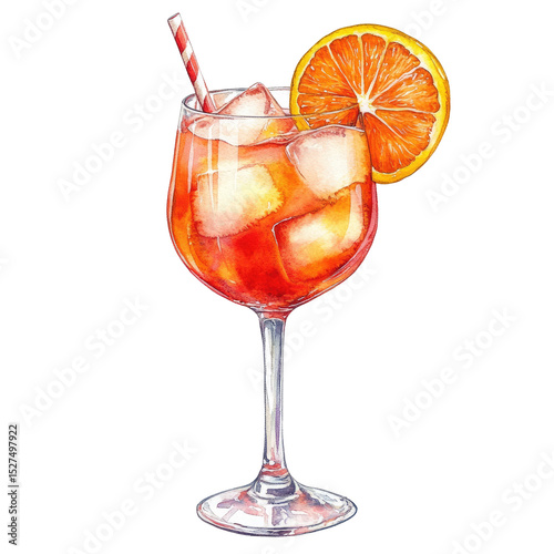 Watercolor Illustration of Orange Cocktail with Ice Cubes and Straw in Wine Glass Isolated on White Background