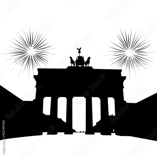 Brandenburg Gate silhouette with fireworks, German Unity Day celebration