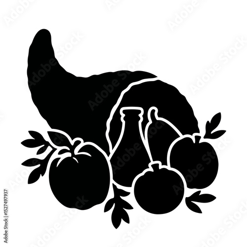 Black and white silhouette of a cornucopia with fruits, Thanksgiving theme