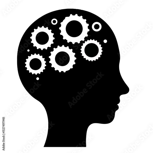 Silhouette of head with gears representing mental processes, awareness