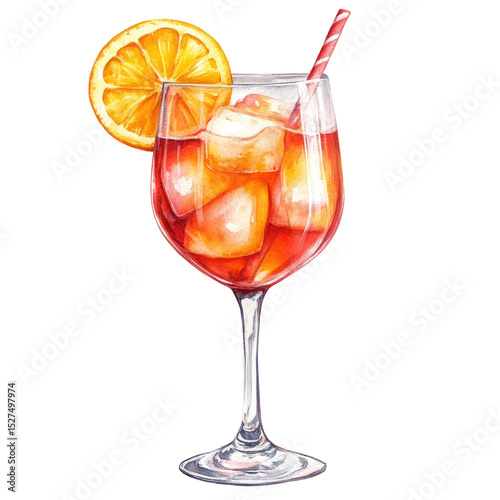 Watercolor Illustration of Orange Cocktail with Ice Cubes and Straw in Wine Glass Isolated on White Background