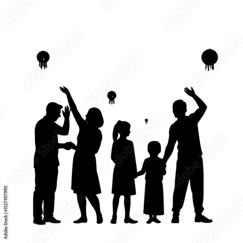 Family celebrating Chuseok with lanterns, joyful togetherness