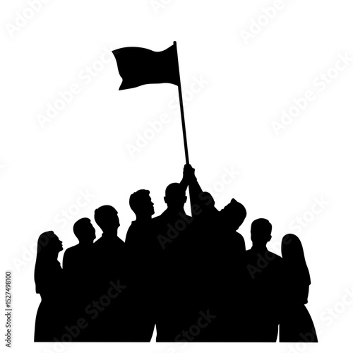 Group of people raising a flag in silhouette, unity and celebration