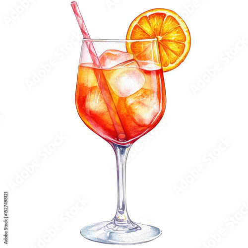 Watercolor Illustration of Orange Cocktail with Ice Cubes and Straw in Wine Glass Isolated on White Background