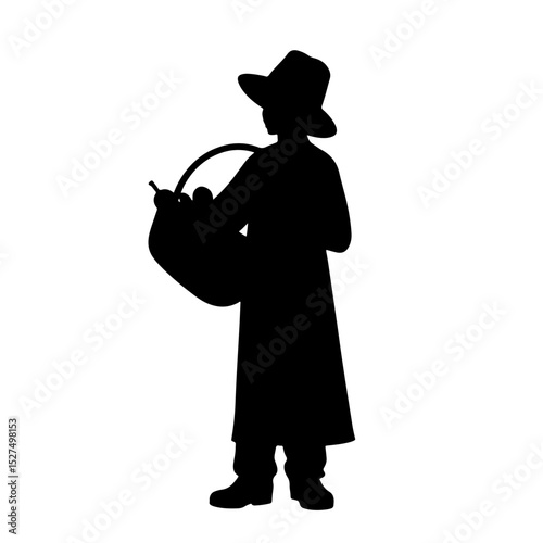 Farmer silhouette holding a basket of produce, harvest symbolism