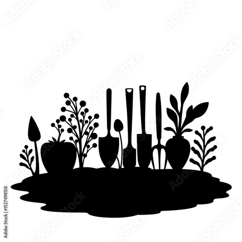 Silhouette of garden tools and plants in vegetable garden, organic growth