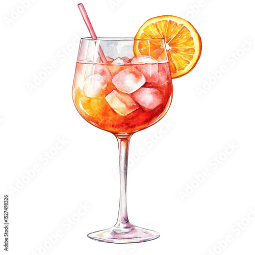Watercolor Illustration of Orange Cocktail with Ice Cubes and Straw in Wine Glass Isolated on White Background