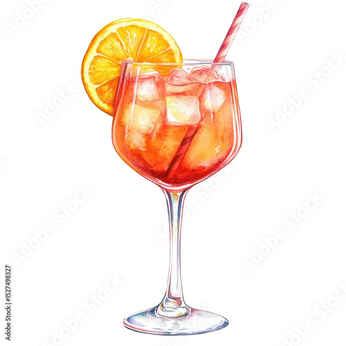 Watercolor Illustration of Orange Cocktail with Ice Cubes and Straw in Wine Glass Isolated on White Background
