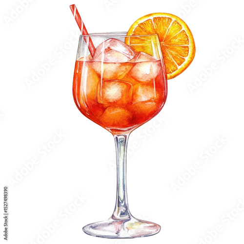 Watercolor Illustration of Orange Cocktail with Ice Cubes and Straw in Wine Glass Isolated on White Background