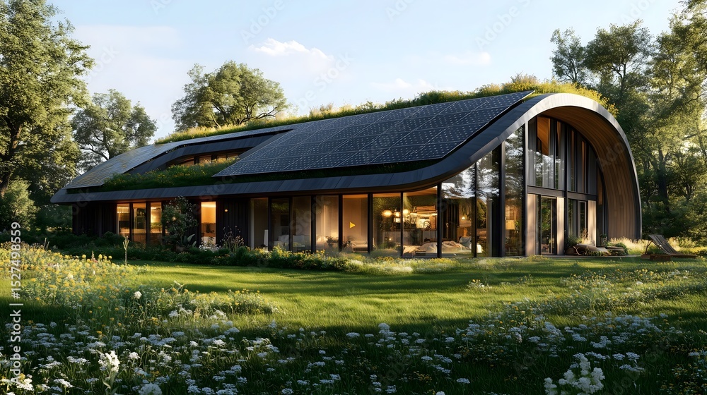 Obraz premium Modern Eco Villa: Curved Green Roof with Solar Panels, Full-Glass Walls Transparency Surrounded by Grass Wildflowers Forest in Soft Sunlight Highlighting Architecture-Nature Harmony for Sustainable Li