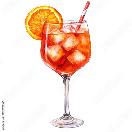 Watercolor Illustration of Orange Cocktail with Ice Cubes and Straw in Wine Glass Isolated on White Background