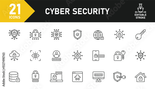Cyber Security line icon set. Set of 21 outline icons related to security, lock, password, protection, antivirus, privacy and others. Editable stroke. Vector illustration.