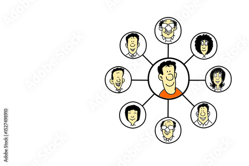 Happy man surrounded by smiling faces illustration