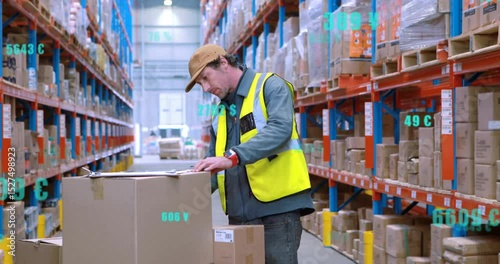 Warehouse worker lifting carton reading label writing details with label animation for logistics