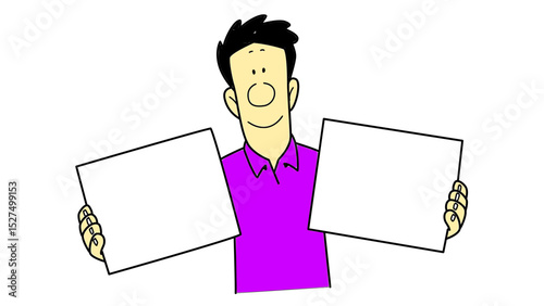 Cartoon man in purple shirt with outstretched hands