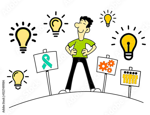 Happy man surrounded by ideas and innovation