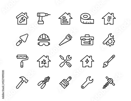 Home Maintenance Vector Icon Set | Adjustable Line Weight | Tools, wrench, hammer, screwdriver, drill, construction, repair, toolbox, painting, saw, pliers, home improvement icons