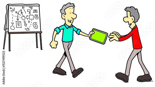Cartoon men exchanging tablet computer device