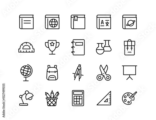 Education Learning Vector Icon Set | Adjustable Line Weight | Book, globe, notebook, scissors, calculator, ruler, backpack, classroom, stationery, chemistry, trophy, art, presentation icons