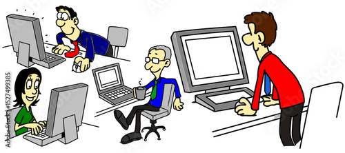 Cartoon office workers at computers collaboration