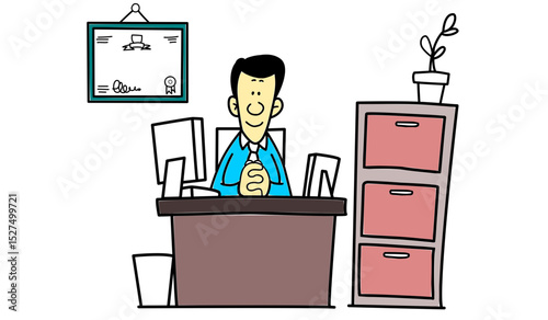 Cartoon man sitting at desk in office